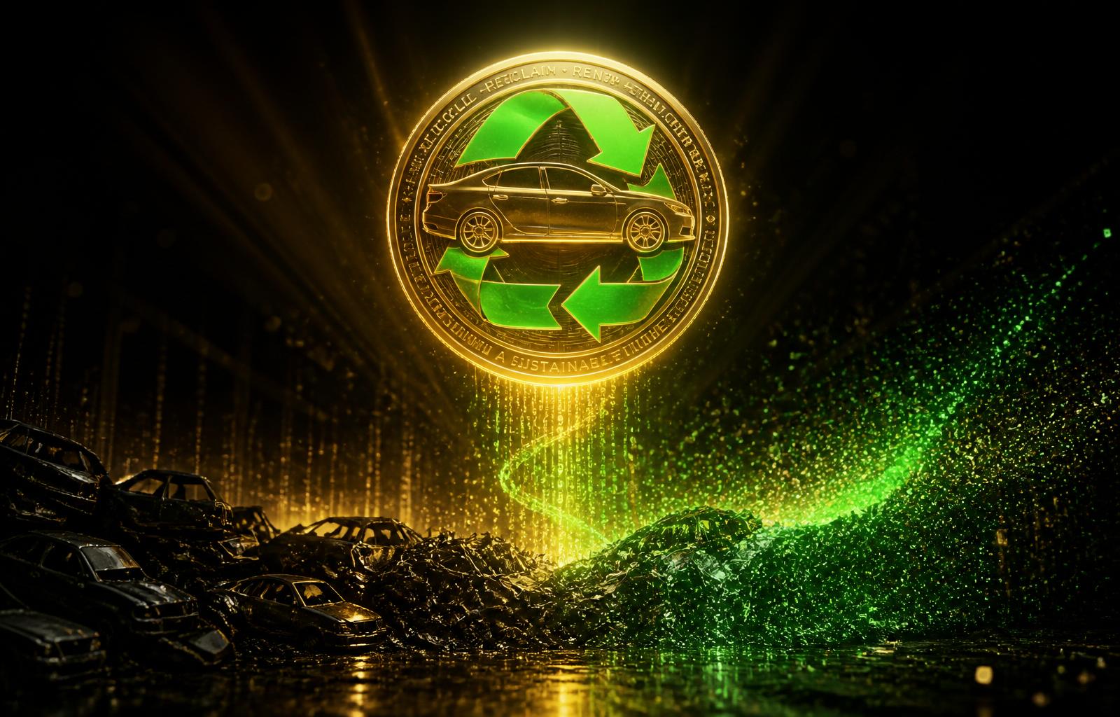 Golden CashCar Coin rising above recycled cars
